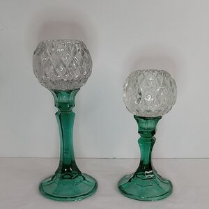 Vintage Pair MCM Green Diamond Cut Clear Glass Votive Candle Sticks